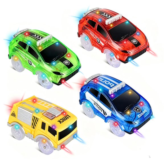 Tracks Cars Only Replacement, Flex Track Race cars for Magic Tracks Glow in the Dark, LED Lights Up Battery Operated Snap N Glow Trax cars Accessories, Compatible with Most Car Tracks 4Pack
