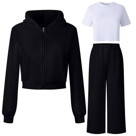 Tracksuit Athletic Sweatsuits Sets 3 Piece Long Sleeve Black Zipper Hooded Sweatsuits Pullover and Short sleeves and Jogger Pants Fall Winter Clothes 10-11 Years Boy Clothes