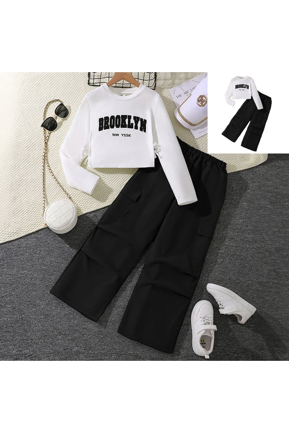 Tracksuit Athletic Sweatsuits Sets Long Sleeve Solid Crewneck Black Casual Sweatsuits Pullover and Cargo Pants Girls 2 Piece Warm Fall Winter Clothes Girl Clothes 10-11 Years