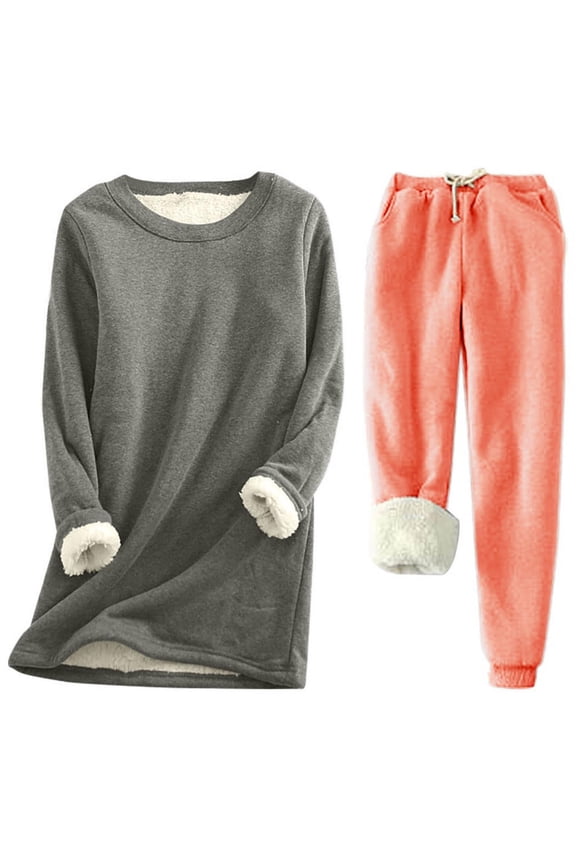 Tracksuit Jogger Set Fleece Pajamas for Women,Fuzzy Lined Two Piece Set Crewneck Sweatsuit Warm Thermal Loungewear Sleepwear Outfits Two Piece Trendy Sweatsuit S-67 Orange S