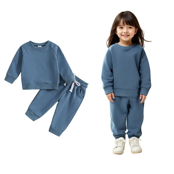 Tracksuit Jogging Outfits Set Long Sleeve Solid Crewneck Blue Casual Pullover Sweatshirt and Jogger Sweatpants 2 Pcs Warm Fall Winter Clothes Kids Clothes Boys Size 3-6 Months Boys Girls Fashion