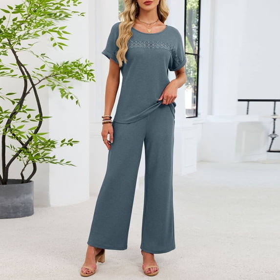Tracksuit Sets for Women 2 Piece New Womens Casual Pajama Set 2 Piece Short Sleeve Tops and Wide Leg Pants Cozy Loungewear Pjs Sleepwear Blue L