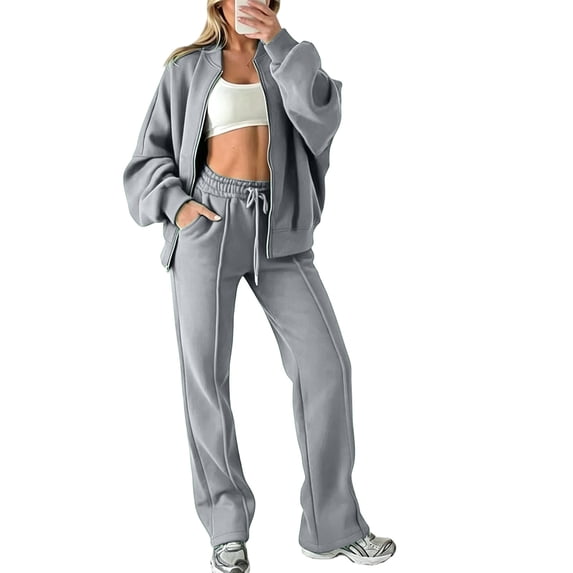 Tracksuit Sets for Women Plus Sized Long Sleeve Zip Up Sweatshirts Wide Leg Baggy Sweatpants Sweatsuit Set Gray 5XL