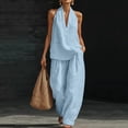 thumbnail image 1 of Tracksuit Womens Full Set Crew Neck Pleated Top & Wide Leg Cropped Trousers Summer 2 Piece Outfits with Pockets Blue XXL, 1 of 7