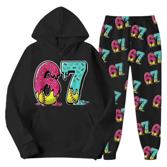 Tracksuit for Girls 2 Piece 67 Print 6 7 Number Sweatshirts and Sweatpants Fall Winter Sports Casual Joggers Activewear Set Black Size 18-24 M