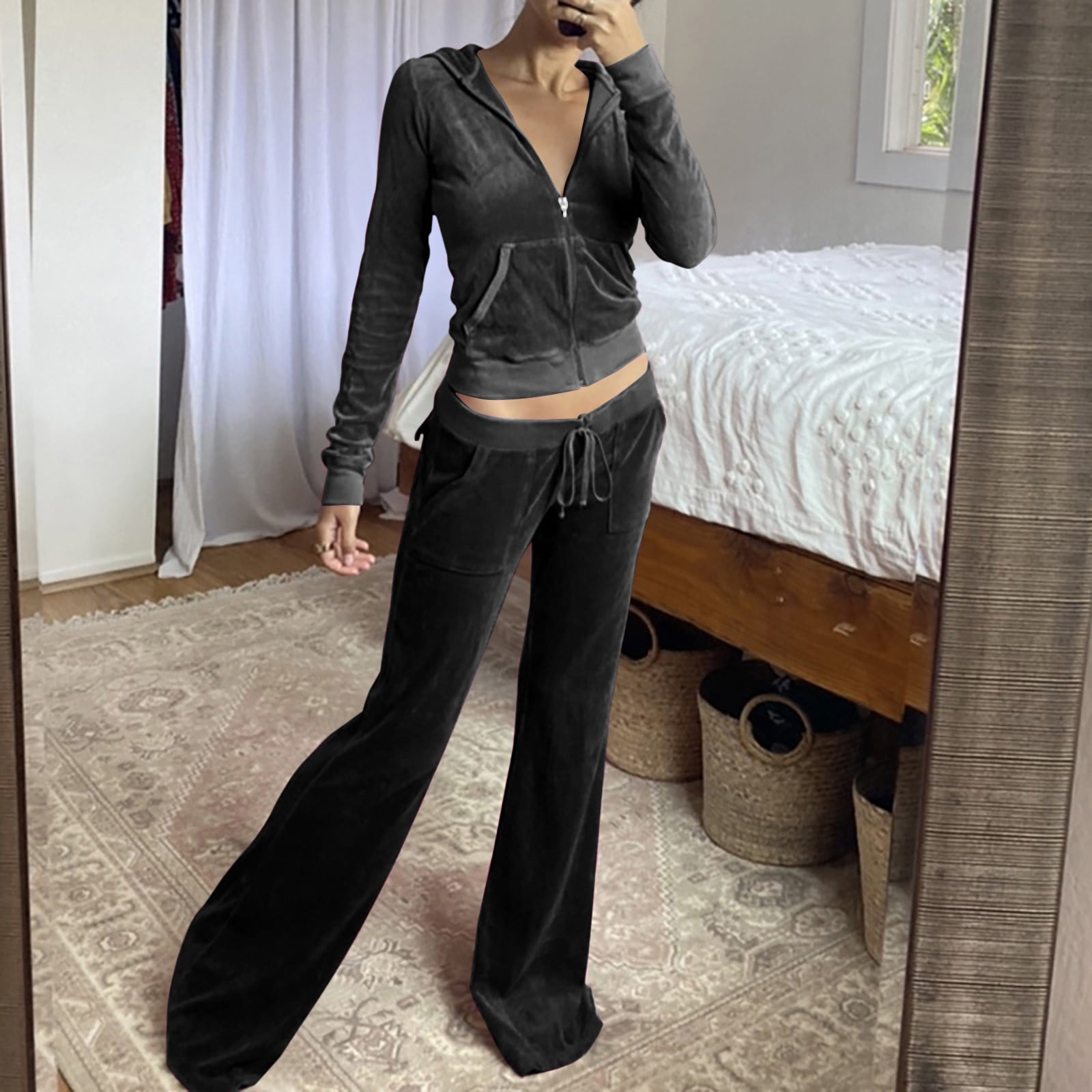 Tracksuit for Women 2 Piece Outfit Velet Sweatsuit Short Zip Up Jacket Drawstring Wide Leg Pants Lounge Sets M Green Walmart