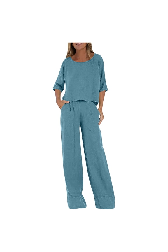 Tracksuit for Women New 2 Piece Sets for Women Soft Short Sleeve Matching Loungewear Set Wide Leg Pants Tracksuit Travel Summer Outfits Blue M
