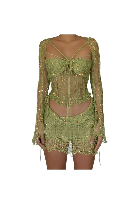 Tracksuit for Women Set New Sequin Sweater for Women Hollow Crochet 2 Piece Thin Match Mini Skirts Sets Knitted Mesh Going out Outfits Green L