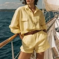 thumbnail image 1 of Tracksuit for Women Set Womens Oversized Linen Outfits Long Sleeve Button Shirt High-Waist Shorts Set Summer Beach Vacation Wear Yellow 3XL, 1 of 5