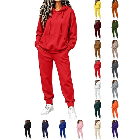 Tracksuits For Women Set Women's Winter Casual Fashion Solid Color Hooded Sweatshirt With Drawstring Pockets And Cuffed Pants Set Red S