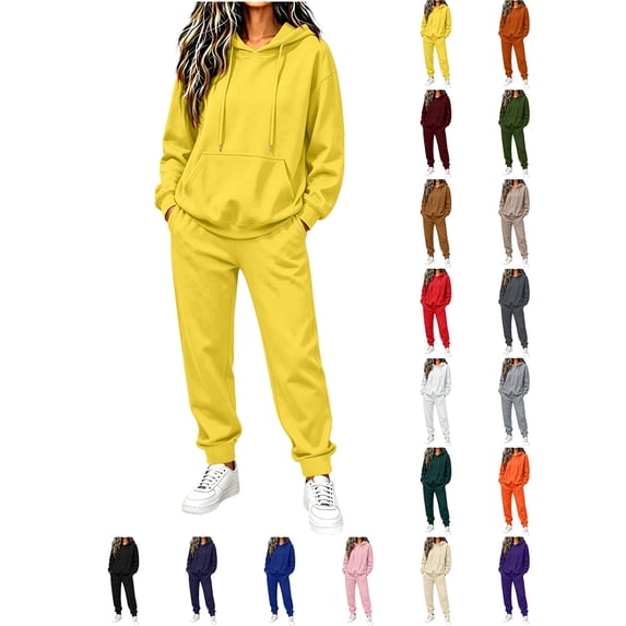 Tracksuits For Women Set Women's Winter Casual Fashion Solid Color Hooded Sweatshirt With Drawstring Pockets And Cuffed Pants Set Yellow L