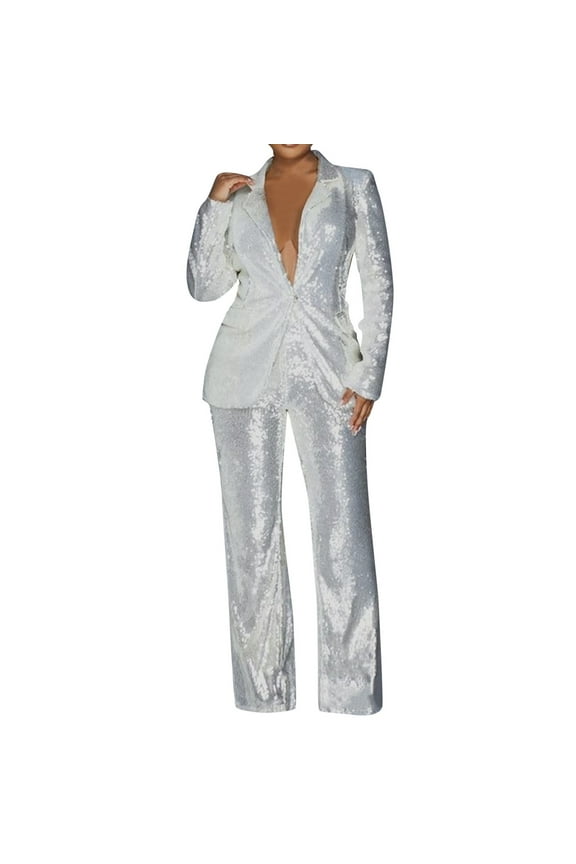 Tracksuits Sets For Women Suits Set Sequin 2 Piece Joggers Pants Outfits Set Notch Lapel Slim Fit Formal Suits Tuxedo Suit Sequin Sets Workout Set Outfits White XXL