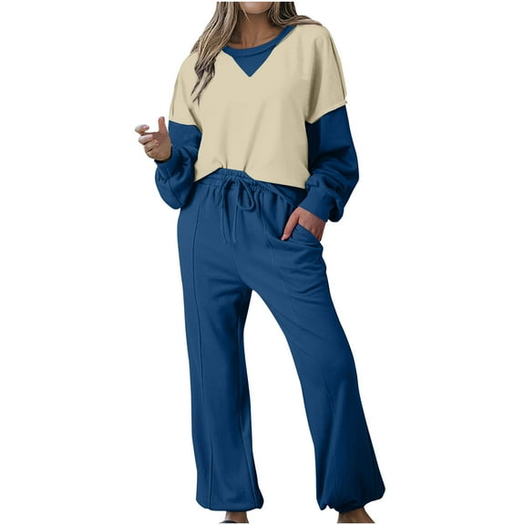 Tracksuits Women 2 Piece Outfit Color Block Sweatsuits Crew Neck Pullover Sweatshirt Suits Loose Sweatpants Sets (Beige L)