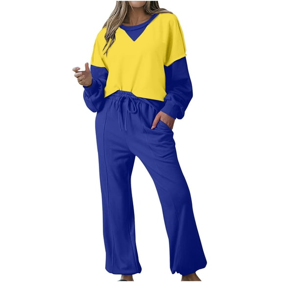 Tracksuits Women 2 Piece Outfit Color Block Sweatsuits Crew Neck Pullover Sweatshirt Suits Loose Sweatpants Sets (Blue L)