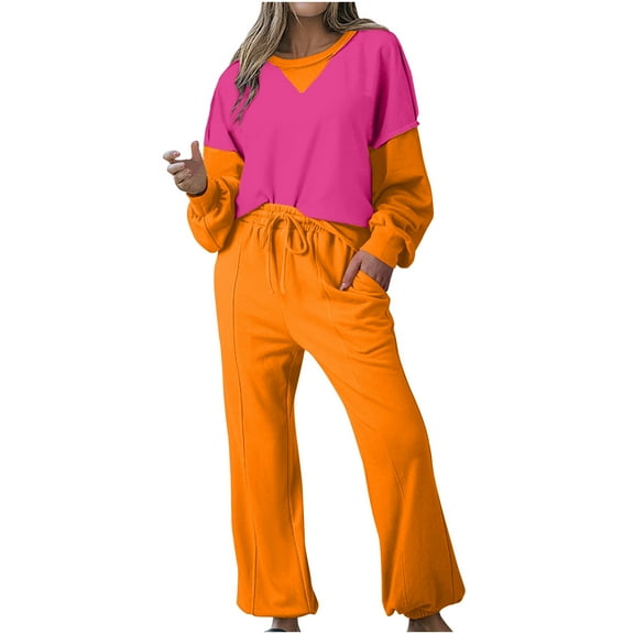 Tracksuits Women 2 Piece Outfit Color Block Sweatsuits Crew Neck Pullover Sweatshirt Suits Loose Sweatpants Sets (Orange M)