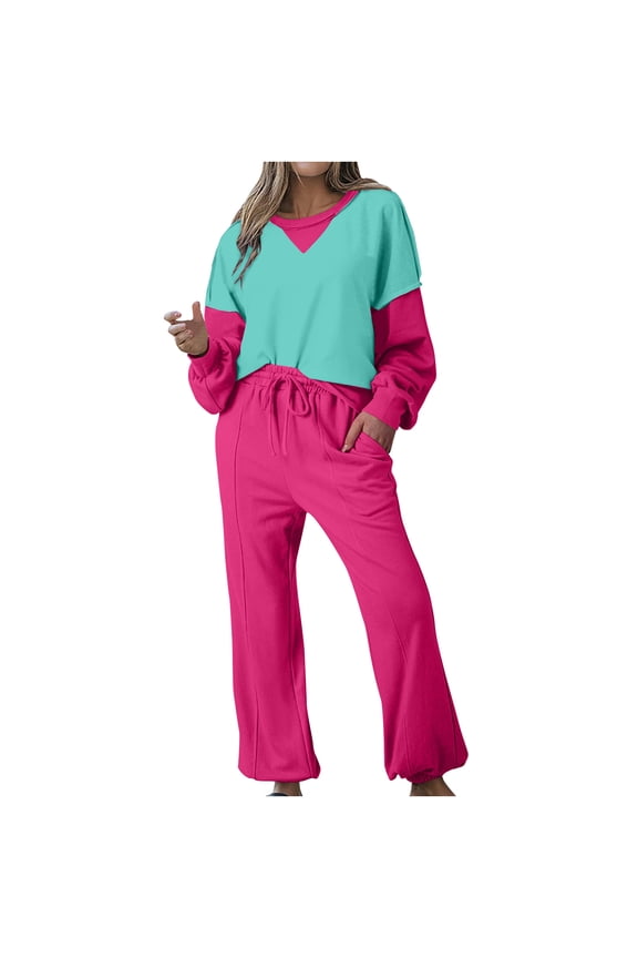 Tracksuits Women 2 Piece Outfit Color Block Sweatsuits Crew Neck Pullover Sweatshirt Suits Loose Sweatpants Sets (Red XL)