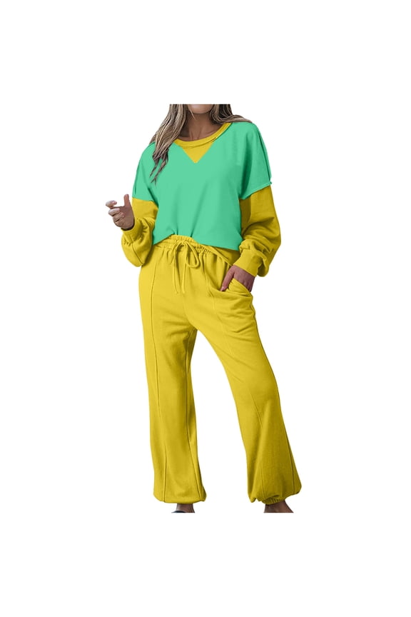 Tracksuits Women 2 Piece Outfit Color Block Sweatsuits Crew Neck Pullover Sweatshirt Suits Loose Sweatpants Sets (Yellow 2XL)