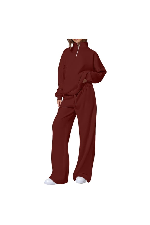Tracksuits for Women 2 Piece Sweatsuits 1/4 Zip Oversized Pullover Sweatshirt and Wide Leg Sweapant Pant Sports Sets (2XL, Wine)