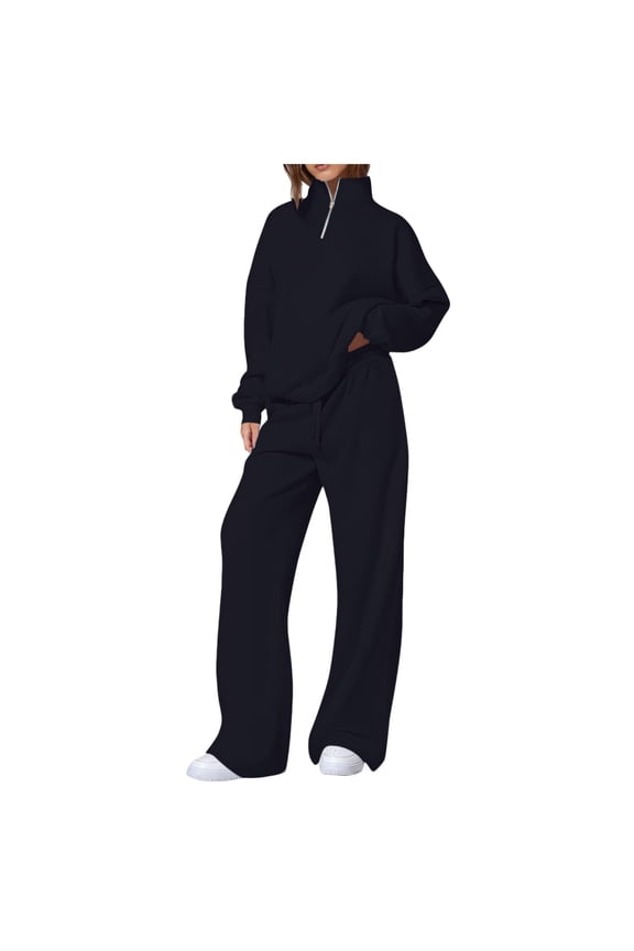 Tracksuits for Women 2 Piece Sweatsuits 1/4 Zip Oversized Pullover Sweatshirt and Wide Leg Sweapant Pant Sports Sets (XL, Black)