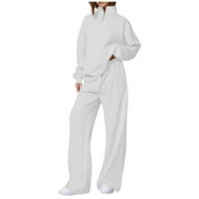 AKOEE Tracksuits for Women 2 Piece Sweatsuits 1/4 Zip Oversized Pullover Sweatshirt and Wide Leg Sweapant Pant Sports Sets (XL, White)