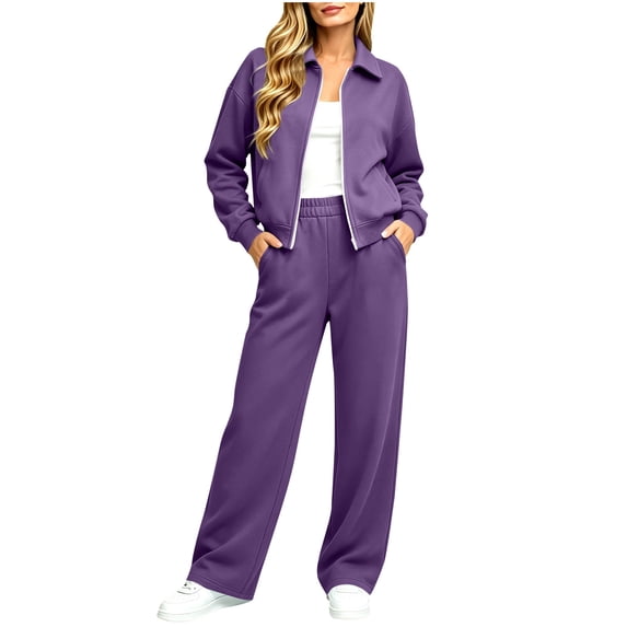 Tracksuits for Women Set Solid Color Zip Up Stand Collar Jacket and Wide Leg Pants with Pockets for Gym Workouts and Athletic Sports