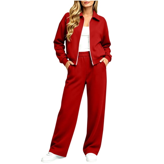 Tracksuits for Women Set Solid Color Zip Up Stand Collar Jacket and Wide Leg Pants with Pockets for Gym Workouts and Athletic Sports