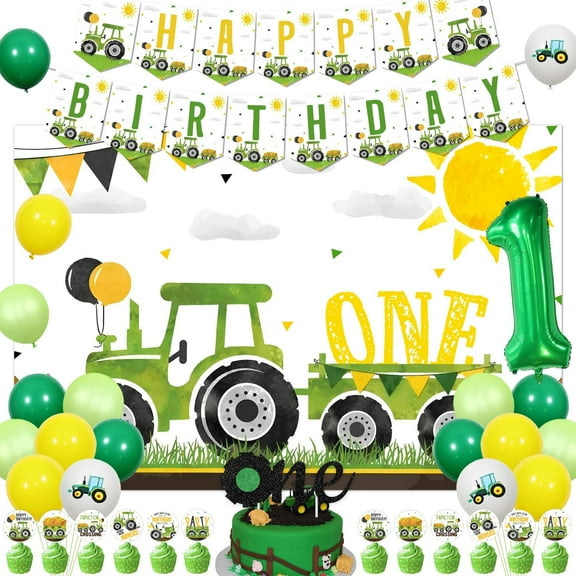 Tractor 1st Birthday Decorations Green Tractor One Birthday Banner Backdrop Banner Tractor 1st Birthday Cake Toppers Balloons for Boys 1st Birthday Party Supplies