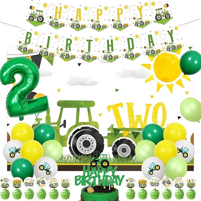 Tractor 2nd Birthday Decorations, Tractor Birthday Backdrop Green Tractor 2nd Birthday Cupcake Cake Toppers Balloon Garland Arch Kit for Boys Tractor Theme 2nd Birthday Party Supplies