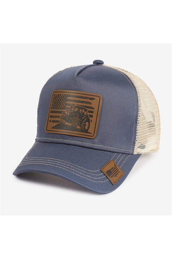 Tractor American Flag Leather Patch Trucker Hat Breathable Adjustable Mesh Back Cap for Men Outdoor Work and Casual Wear Gray