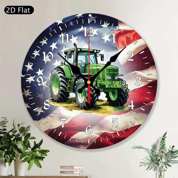 Tractor American Flag Round Wall Clock, Patriotic American Farm Outdoor Décor, Wood Wall Clock