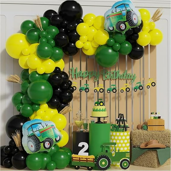 Tractor Balloon Garland Arch Kit 141PCS Farm Dark Green Black Yellow Balloon with Tractor Foil Balloon for Farm Themed Boy Birthday Baby Shower Party Decorations