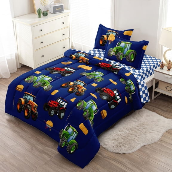 Tractor Bedding Set for Kids - 5 Piece Bed in a Bag w/Comforter, Sheets & Pillowcases - Microfiber Comforter Sets Tractor Theme Bedroom Decor for Boys Twin Size