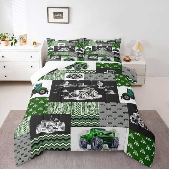 Tractor Bedding Set King Size Equipment Trucks Comforter Set Farmhouse Harvester Down Comforter Car Bedroom Decor Green Vehicle Quilt Set Plaid Comforter with 2 Pillowcases, Grey