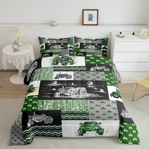 Tractor Bedding Set Twin Size Equipment Trucks Comforter Set Farmhouse Harvester Down Comforter Car Bedroom Decor Green Vehicle Quilt Set Plaid Comforter with 1 Pillowcase, Grey
