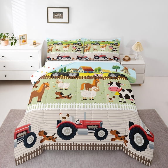 Tractor Bedding Sets Full Size Cute Cartoon Farm Animals Comforter Set Farmhouse Country Down Comforter for All Season Colorful Room Decor Nature Theme Duvet Set