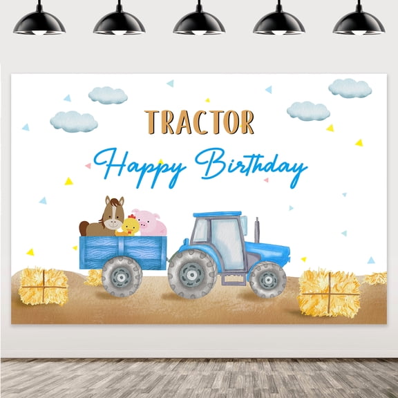 Tractor Birthday Party Decoration Blue Farm Tractor Happy Birthday Backdrop for Kids Birthday Supplies Kit