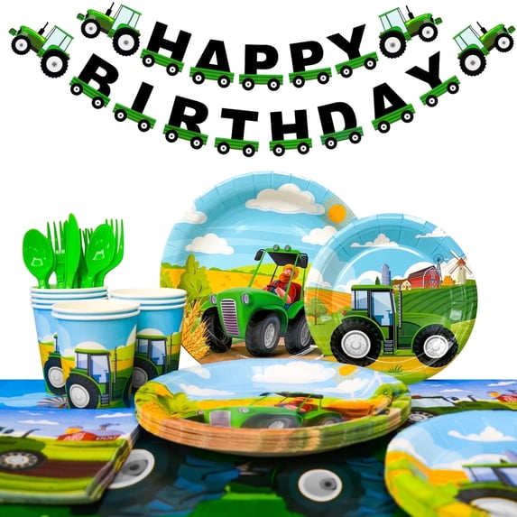 Tractor Birthday Party Supplies, 130pcs Tractor Birthday Decorations Tableware Pack - Tractor Plates and Napkins Cups Tablecloth Banner etc