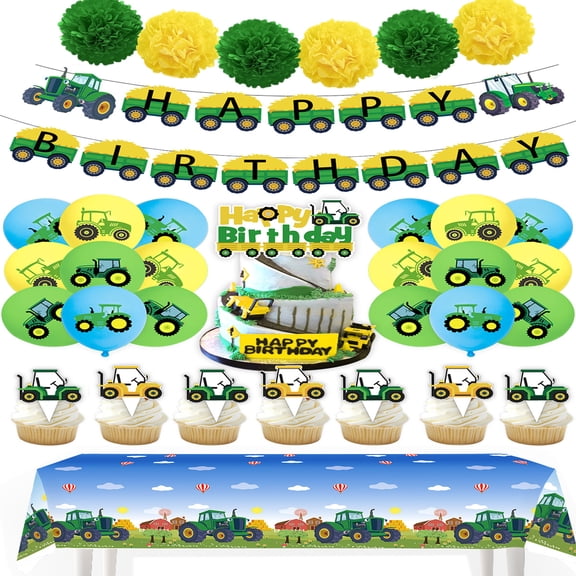 Tractor Birthday Party Supplies , Tractors Birthday Set with Tractors Balloons Banner Tableclothes Hanging Swirls Cake toppers for Tractor Birthday Party Decorations