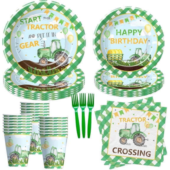 Tractor Birthday Plates And Napkins Party Supplies - Farm Theme Green Tractor Birthday Decorations Tableware, Paper Plate, Cup, Napkin, Disposable Fork | Serves 24