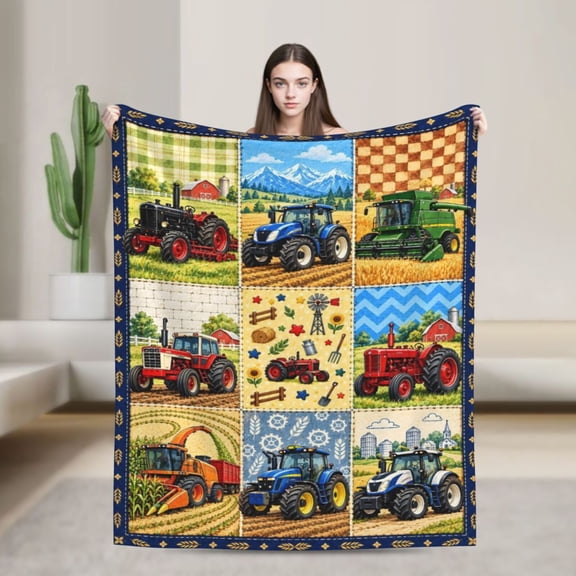 Tractor Blanket Colorful Farm Equipment Patchwork Featuring Harvest Scenes for Farmers 50x40 in