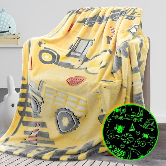 Tractor Blanket Glow in The Dark Truck Blanket for Kids Cute Soft Excavators Throw for Boys Fleece Construction Toddler Boy Birthday Gifts for Kids