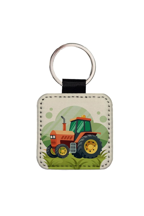 Tractor Cartoon Faux Leather Square Keychain
