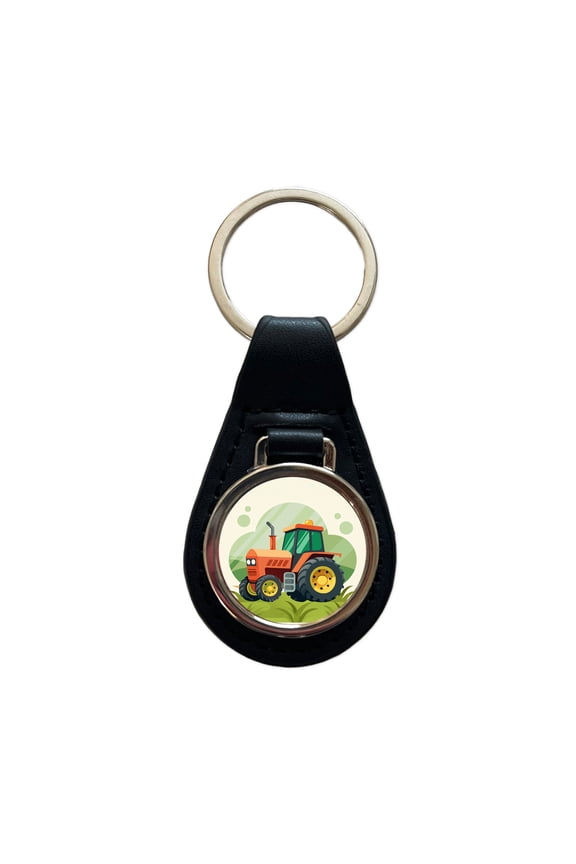 Tractor Cartoon Metal Black Leather Keychain
