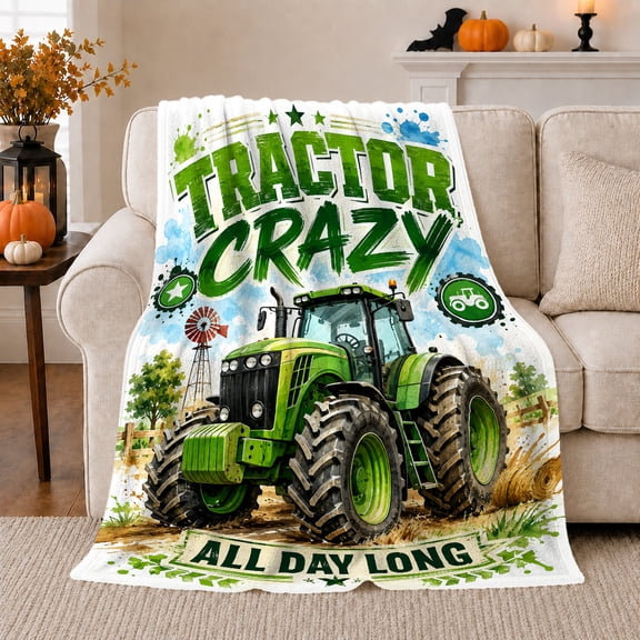 Tractor Crazy Farm Scene Green Tractor Windmill Brings, Rustic Farmhouse Horse Scene, Warm Flannel Blanket for Ranch House and Living Room, Horse Lovers Valentine's Day Gift, Rustic Home Decor