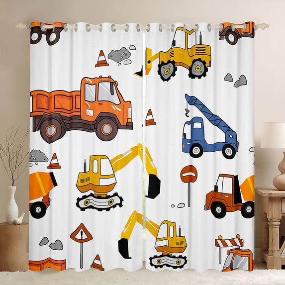 Tractor Curtains & Drapes Cartoon Excavator Vehicle Blackout Curtains 38''Wx54''L, Construction Equipment Car Curtains Youth Bedroom Living Room, Yellow Red White