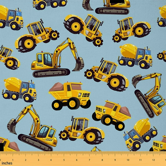 Tractor Decorative Fabric by the Yard,Equipment Trucks Upholstery Fabric,Excavator Quilt Fabric,Bulldozer Crane Art DIY Fabric for Quilting Sewing,3 Yards,Yellow Blue