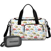 Tractor and Excavators White Pattern Gym Duffel Bag 2 Piece Set, Carry on Overnight Bag with Shoe Compartment & Toiletry Pouch, Luggage Trolley Strap Gifts for Birthday Christmas Thanksgiving
