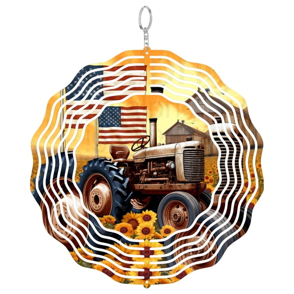 Tractor Farm USA Patriotic 3D Wind Spinner Kinetic Hanging Garden Decor Stainless Steel