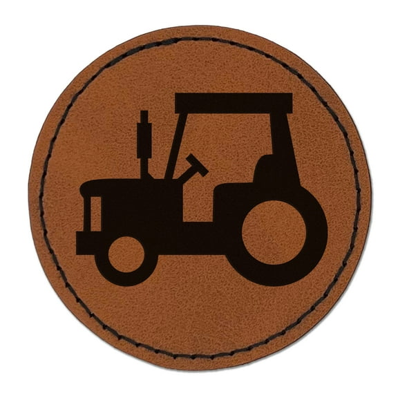 Tractor Farm Vehicle 2.5" Faux Leather Round Engraved Iron-On Patch - Brown