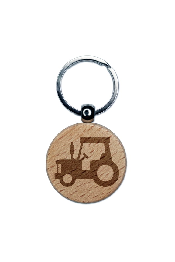 Tractor Farm Vehicle Round Keychain Charm Tag - Engraved Wood